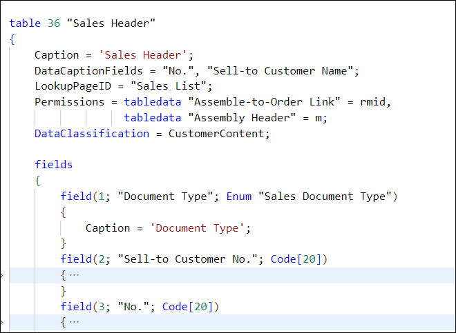 Screenshot showing a snippet of the Sales Header table.