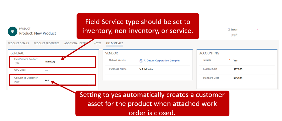 Screenshot of Field Service product type.