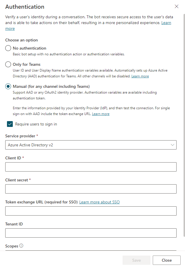 Screenshot of the Authentication dialog with Manual selected and Service provider filled in.