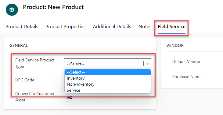 Screenshot of the Field Service Product Type drop-down list on the product form.