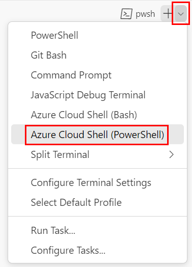 Schermopname van het Visual Studio Code-terminalvenster, met de vervolgkeuzelijst terminalshell weergegeven en PowerShell geselecteerd.
