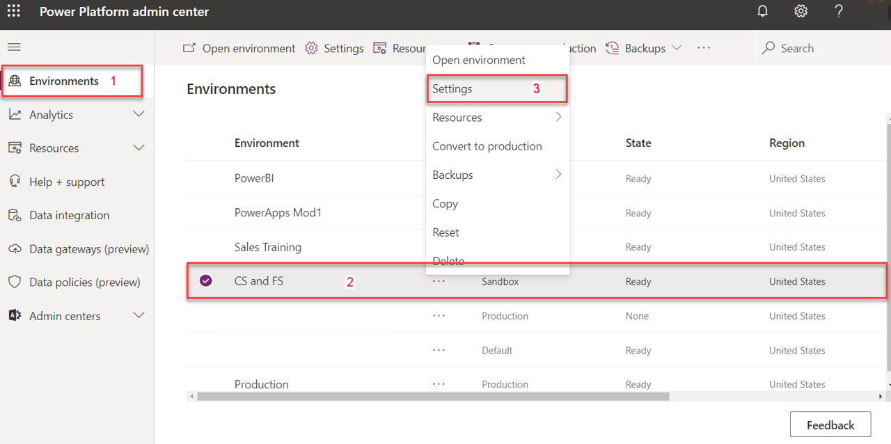 Screenshot of Environments, selecting the environment, and then Settings.