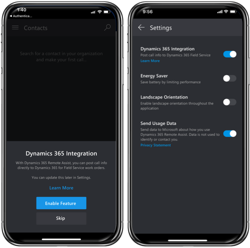 Screenshots of Enable Feature button for Dynamics 365 integration and Settings toggle.