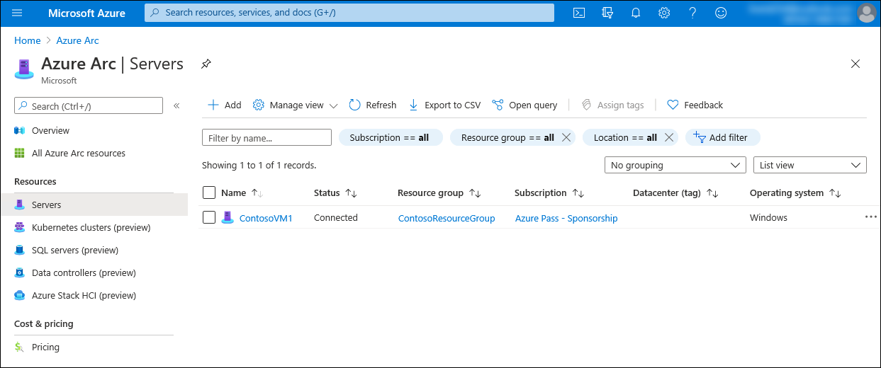 A screenshot of the Azure portal displaying the entry representing an Azure Arc-enabled Windows server.