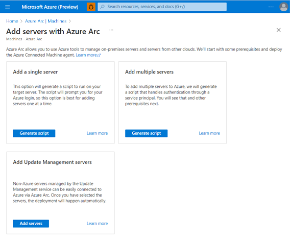 Screenshot that depicts the multiple options to onboard to Azure Arc-enabled servers for single server, multiple servers, and update management