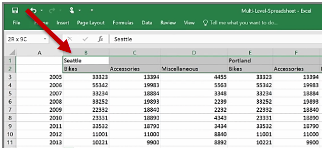 Schermopname van Excel-spreadsheet met kopteksten die meerdere kolommen omvatten.