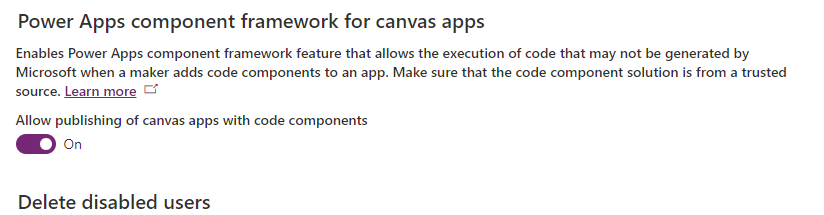 Screenshot of the allow publishing of canvas apps with code components toggle button.