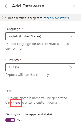 Screenshot of the add dataverse to new environment dialog.