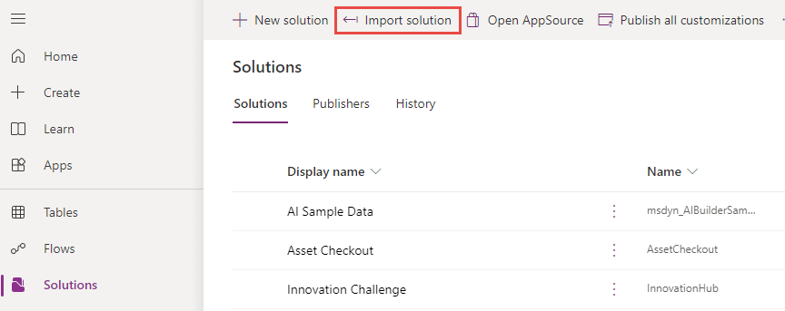 Screenshot of the import solution button.