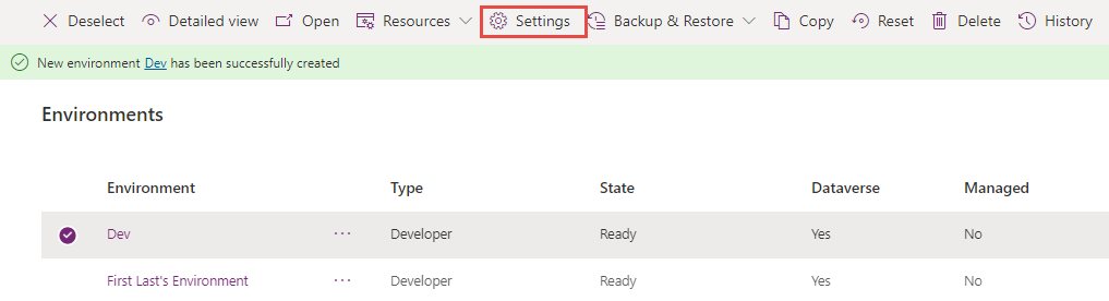 Screenshot of the environment setting button.