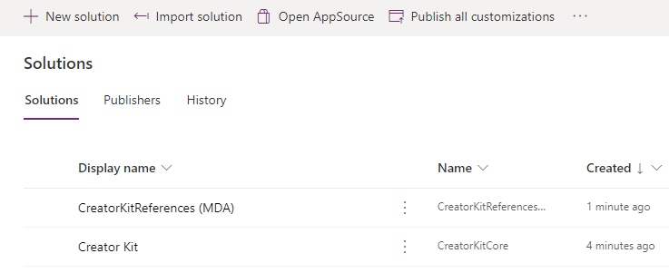 Screenshot of the imported solutions.