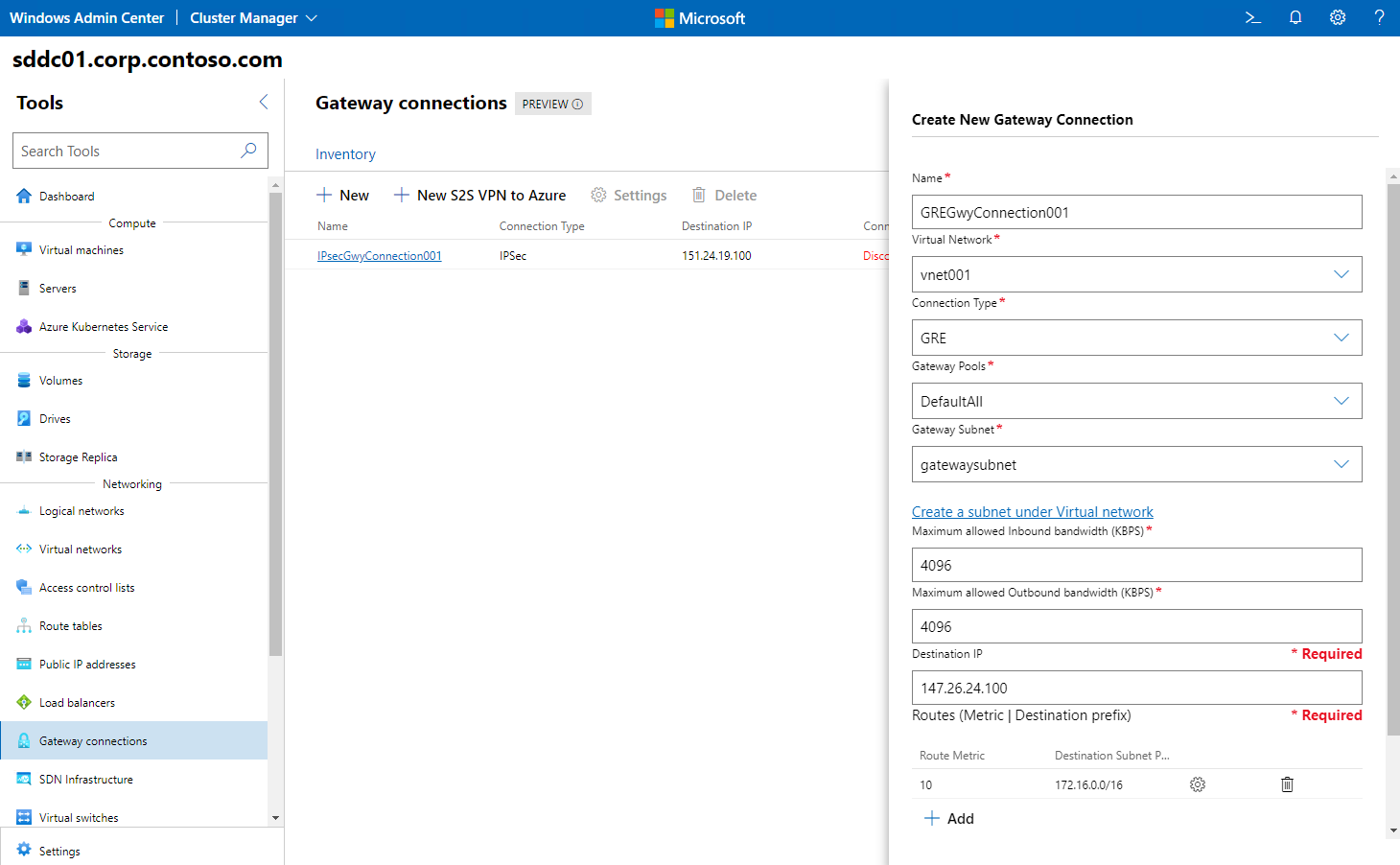 Screenshot of the Create New Gateway Connection pane in Windows Admin Center, depicting the creation of a new G R E gateway connection.
