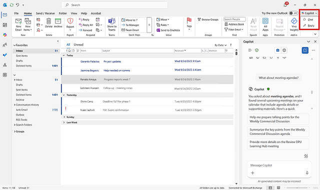 Een schermafbeelding van het copilot-chatpictogram op het lint in Outlook.