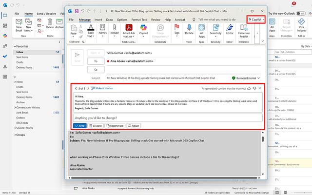 Een screenshot van een Copilot Chat antwoord dat is opgesteld in Microsoft Outlook, waarin het gegenereerde bericht gereed is voor beoordeling wordt weergegeven.