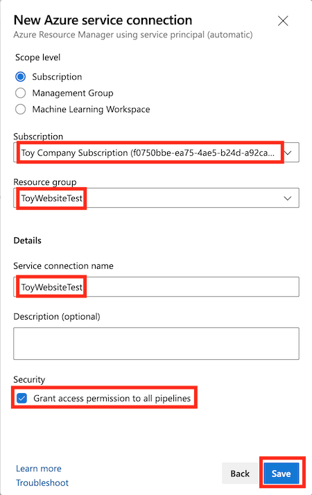 Screenshot of Azure DevOps that shows the New Azure service connection pane for the test environment, with the details completed and the Save button highlighted.