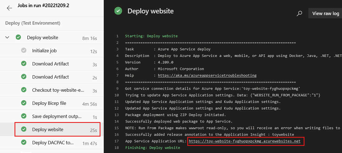 Screenshot of Azure DevOps showing the pipeline run log for the test environment's Deploy stage. The URL of the App Service app is highlighted.