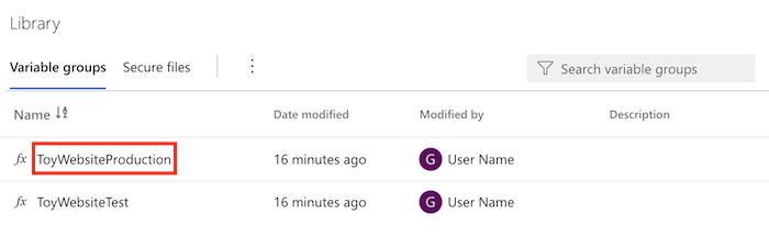 Screenshot of Azure DevOps showing the list of variable groups, with the ToyWebsiteProduction variable group highlighted.