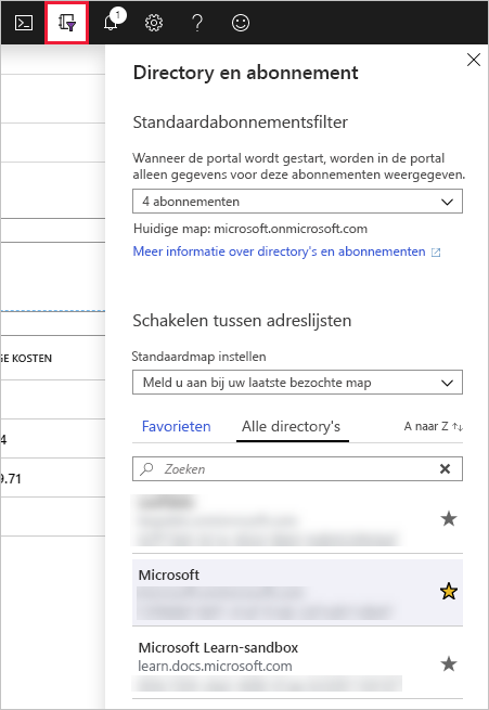 Screenshot showing the Directory selection dialog in Azure portal.