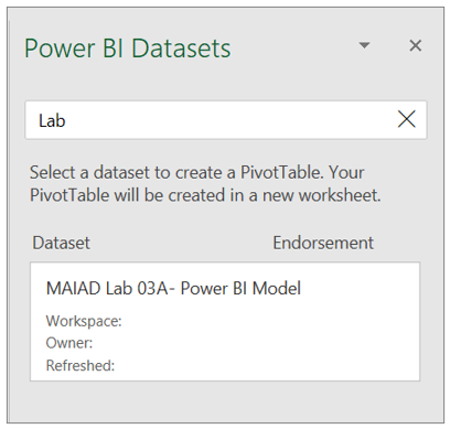 Schermopname van Power BI het venster Gegevenssets.
