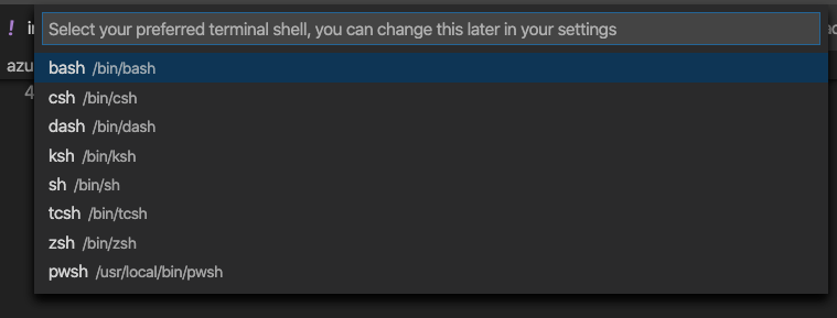 Een schermopname waarin de lijst om de shell te selecteren wordt weergegeven in het Visual Studio Code-terminalvenster.