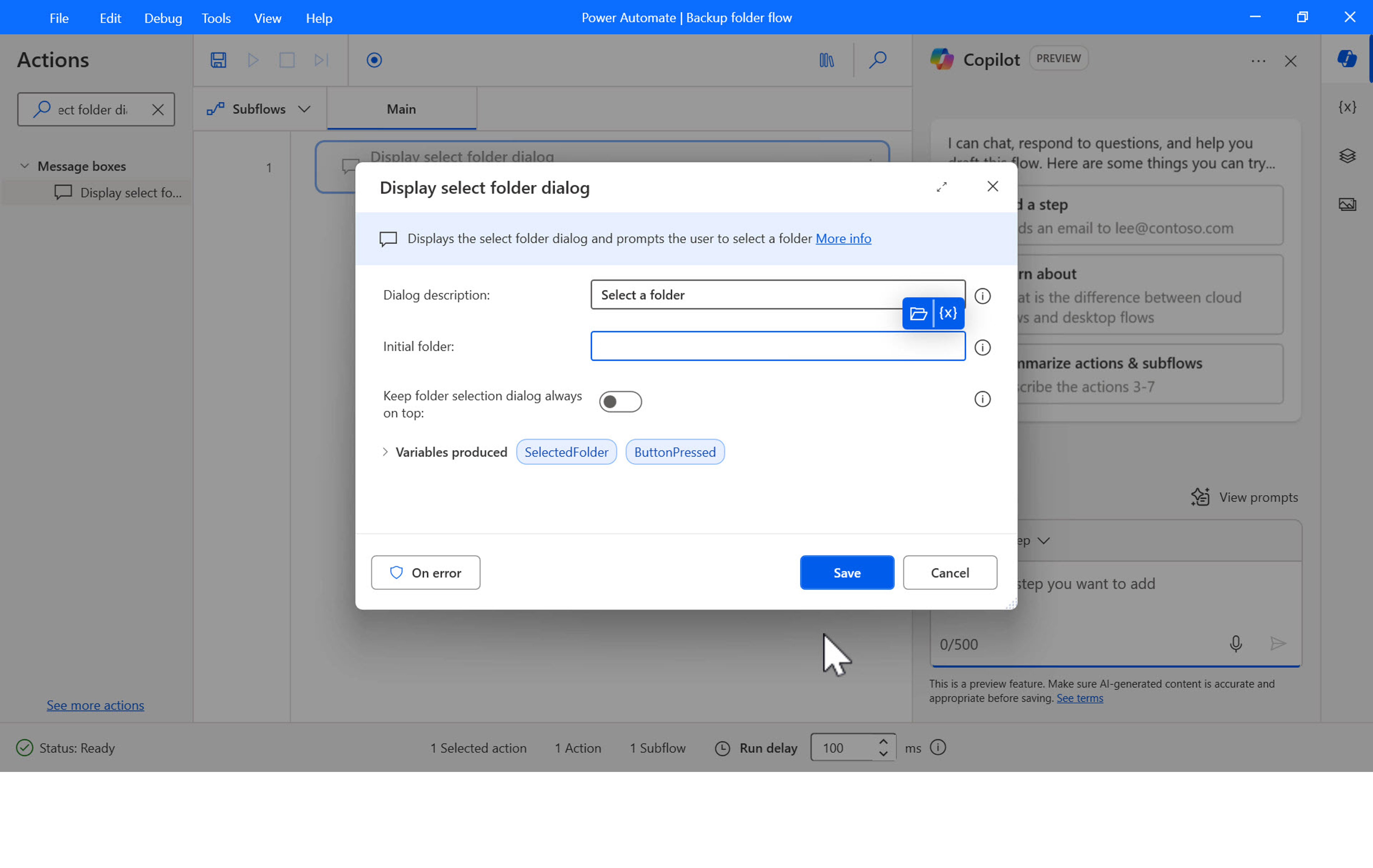 Screenshot of the Display select folder dialog box.
