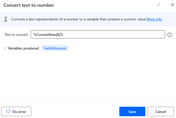 Screenshot of the Convert text to number action.