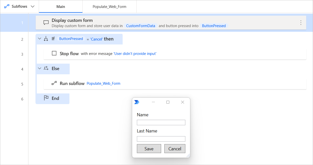 Screenshot of a flow checking which form button has been pressed.