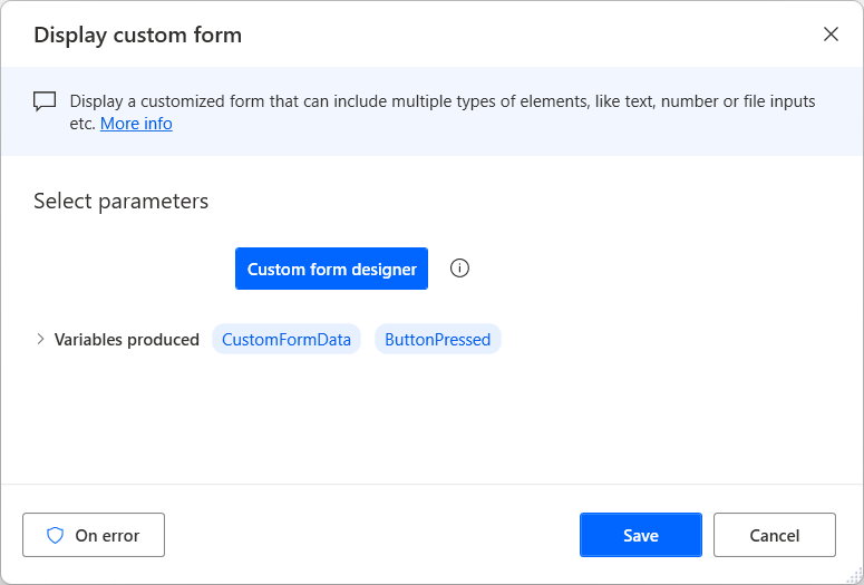 Screenshot of the Custom form designer button in the Display custom form action.