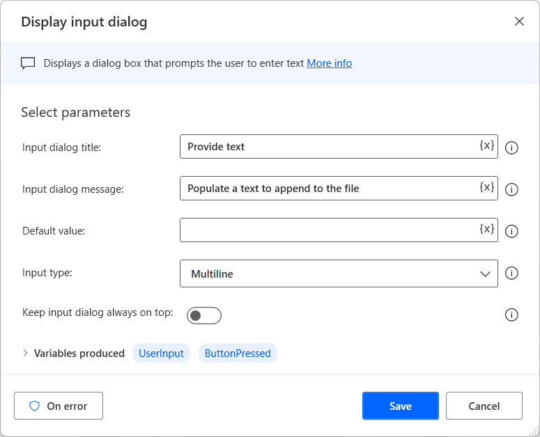 Screenshot of the Display input dialog action properties.