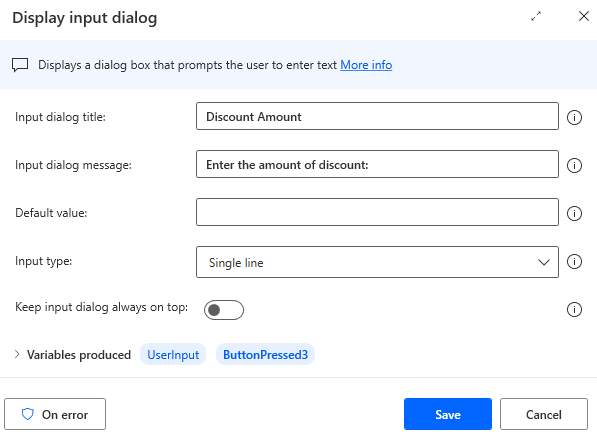 Screenshot of the Display input dialog action.