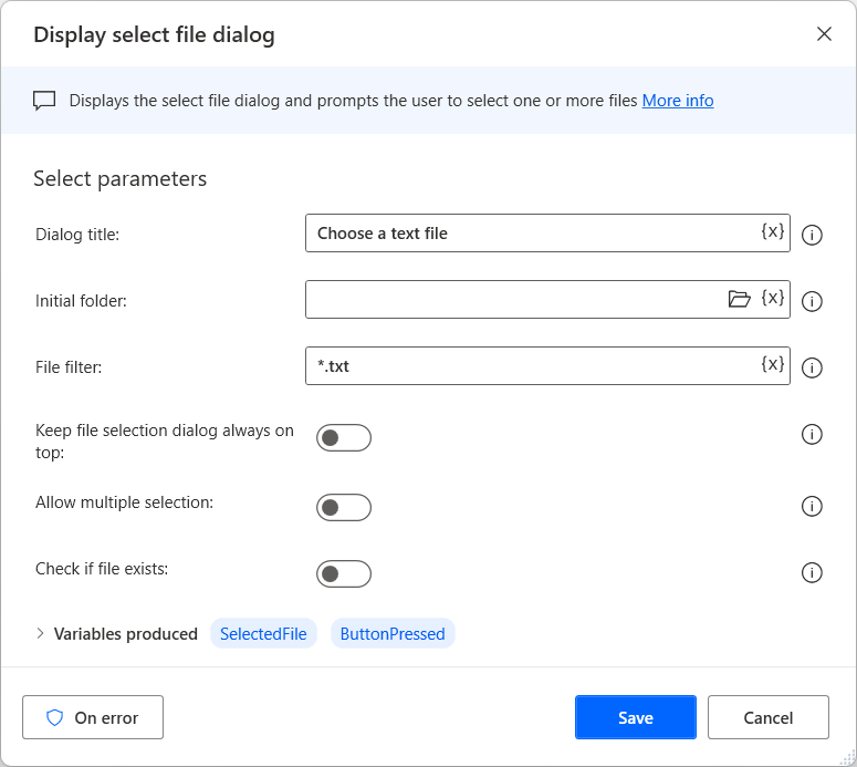 Screenshot of the Display select file dialog action properties.