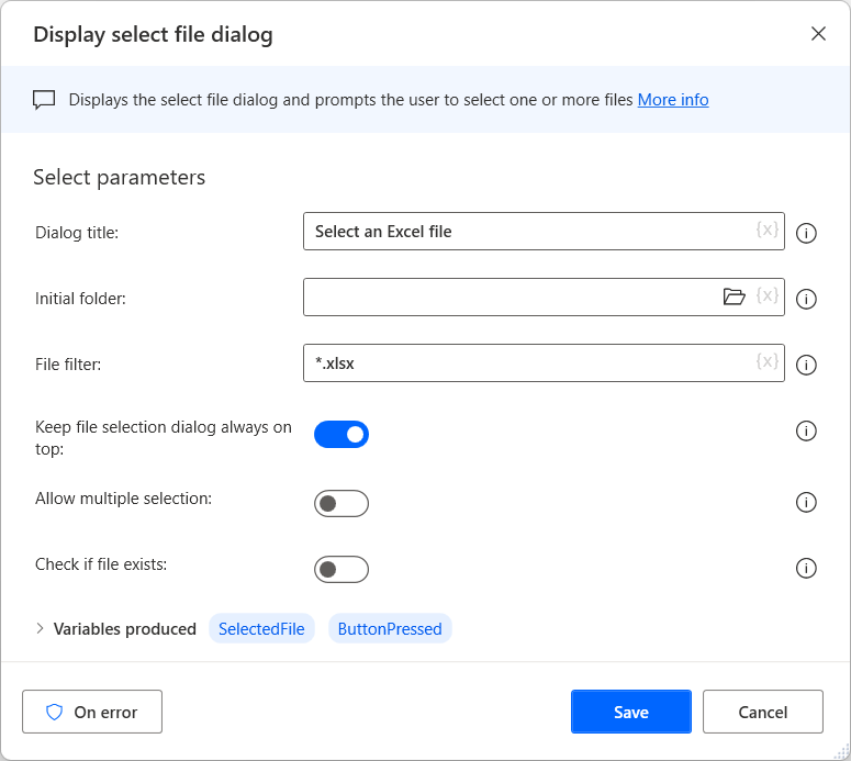Screenshot of the Display select file dialog action.