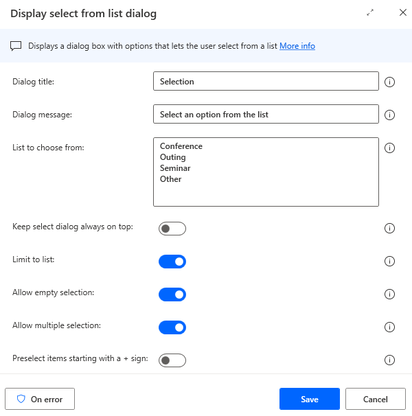 Screenshot of a Display select from list dialog