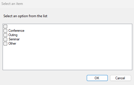 Screenshot of the output of the Display select from list dialog