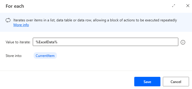 Screenshot of the For each properties dialog.