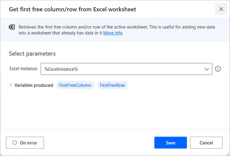 Screenshot of the Get first free column row from Excel worksheet action.