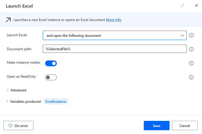 Screenshot of the Launch Excel action.