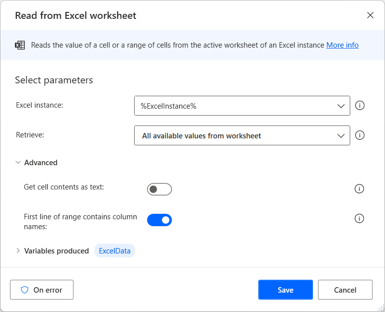 Screenshot of the Read from Excel worksheet action.