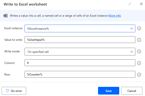 Screenshot of the Write to Excel worksheet action that writes the Discount header.