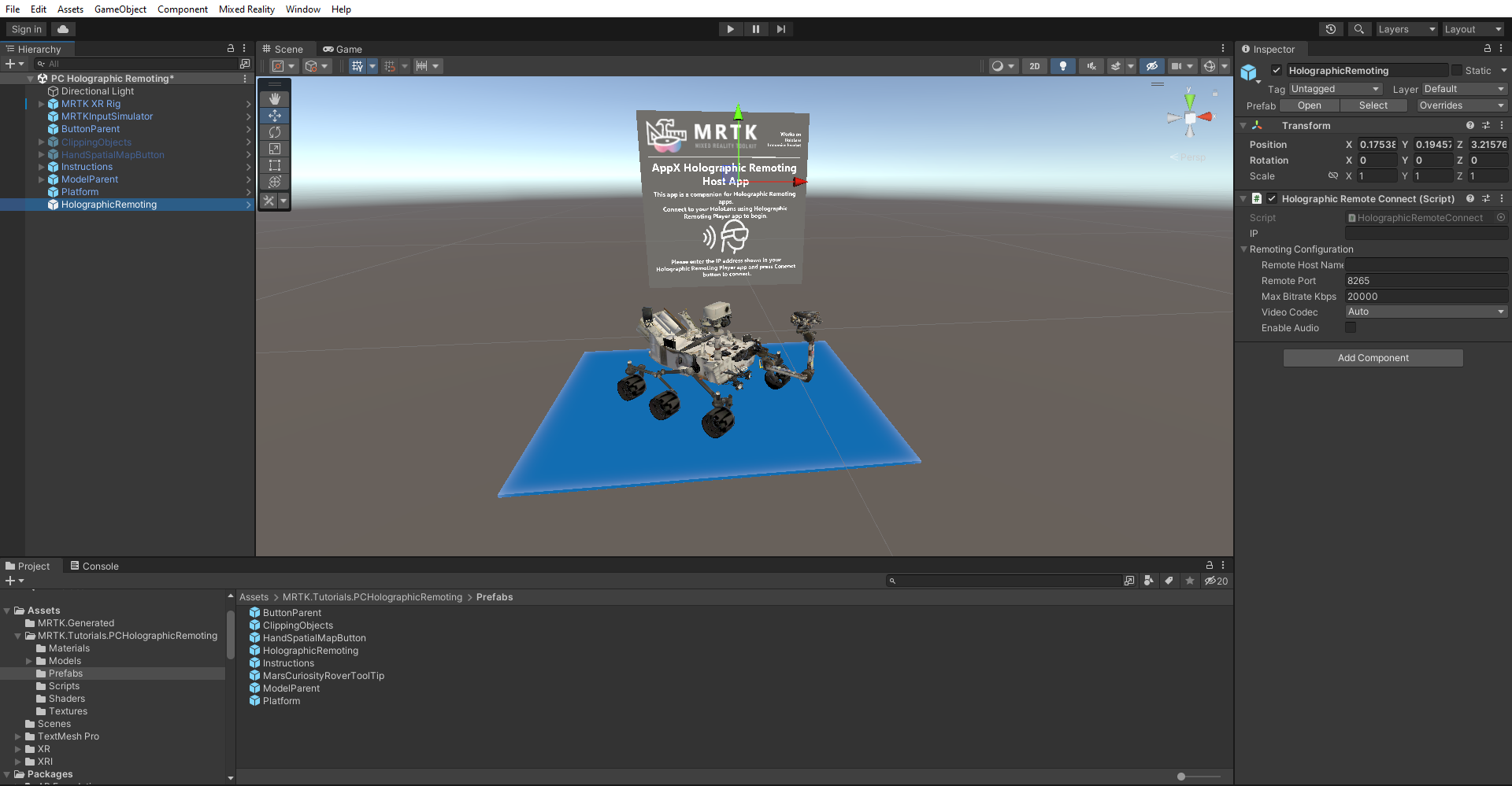 Screenshot of Configuring your scene for Holographic Remoting.