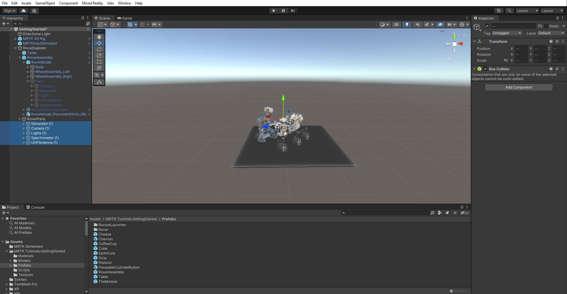 Screenshot that shows the newly duplicated parts as children of the RoverParts object.