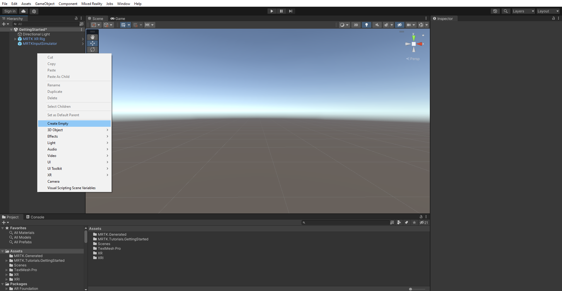 Schermopname van het maken en toevoegen van een leeg object aan uw scène.