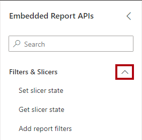Afbeelding van de groep Filters en slicers uitgevouwen in het deelvenster Ingesloten rapport-API's.
