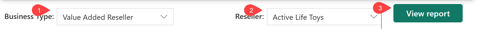 Schermopname van de vervolgkeuzelijsten Bedrijfstype en Reseller en De knop Rapport weergeven.