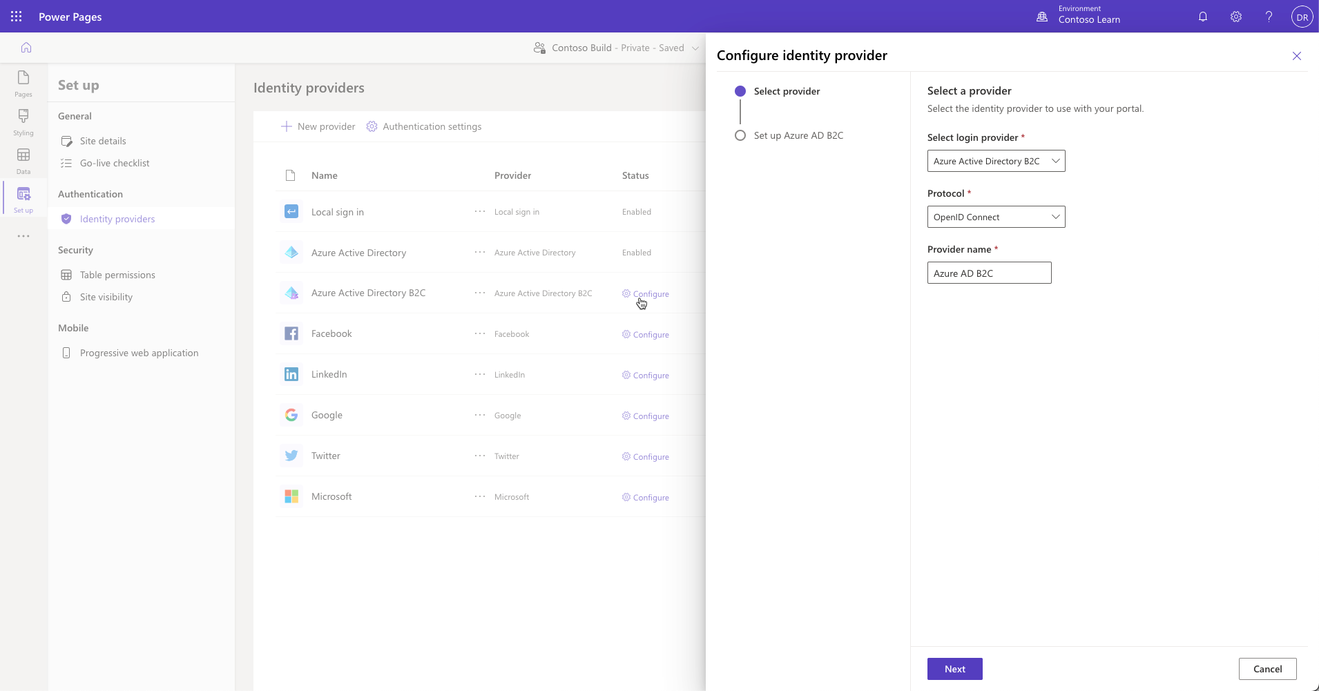 Screenshot of Power Pages authentication provider setup in Power Pages design studio.