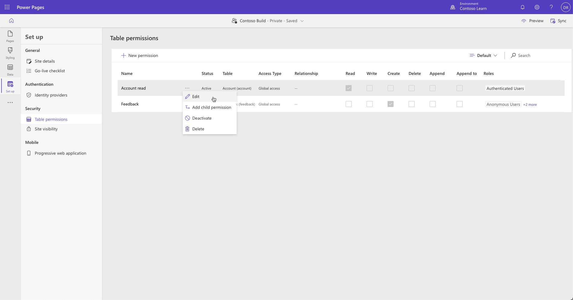Screenshot of the Table permissions screen in Power Pages design studio..