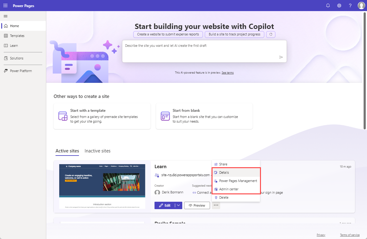 Screenshot of Power Pages home screen with the list of available websites. One of the websites has an ellipsis menu expanded and red rectangle around Details, Portal management, and Admin center menu items.