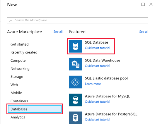 Screenshot showing Create a resource pane with Databases in menu and SQL Database resource service highlighted.