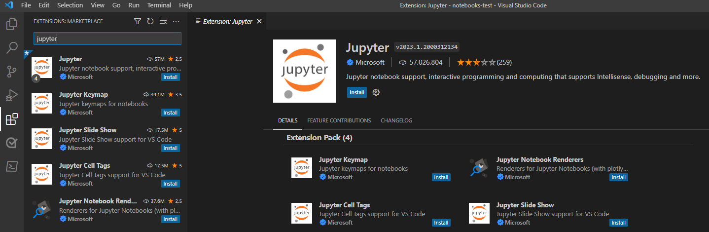 Schermopname van de Jupyter-extensie in Visual Studio Code.