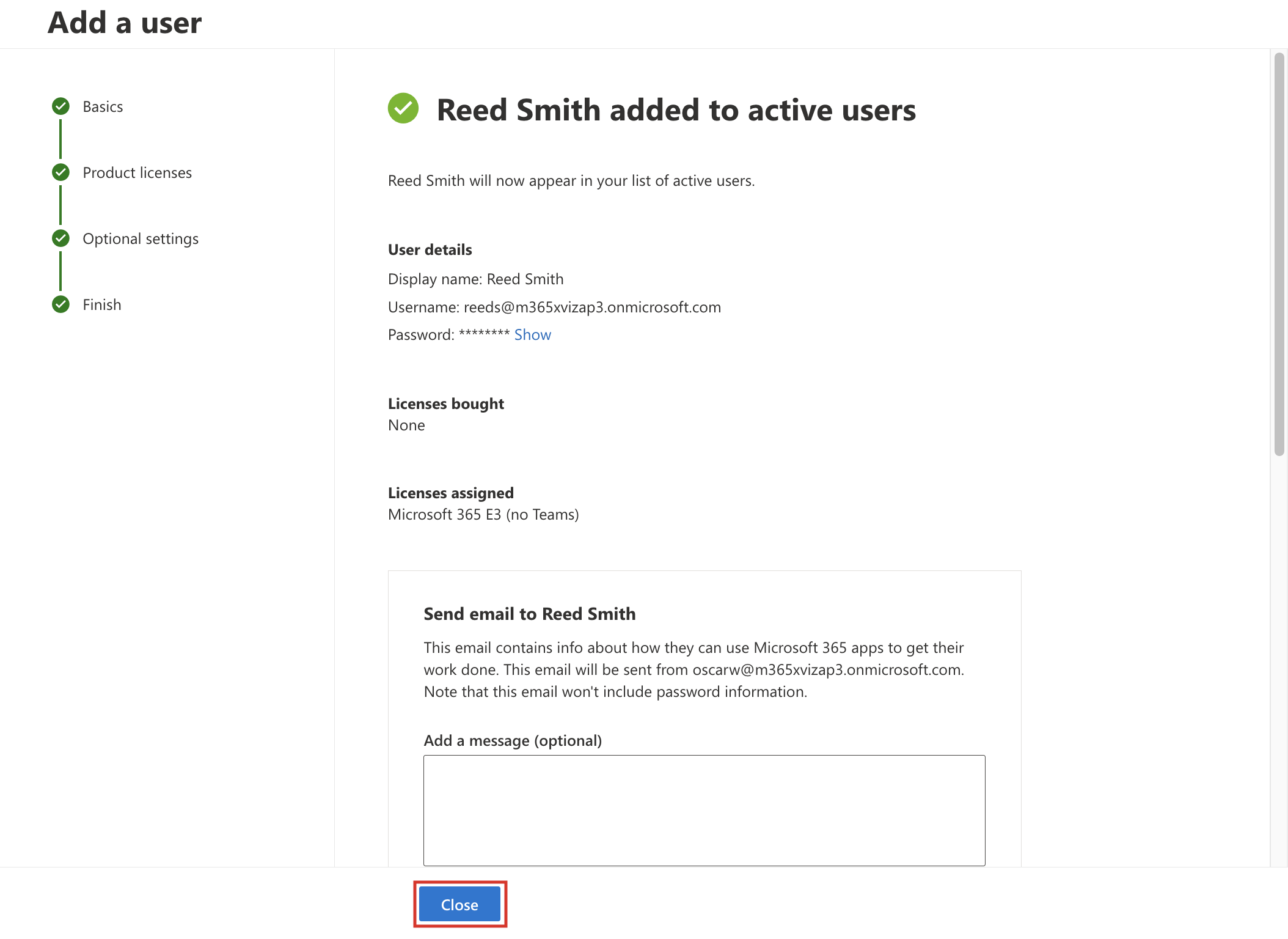 Screenshot of the admin user shown as added.